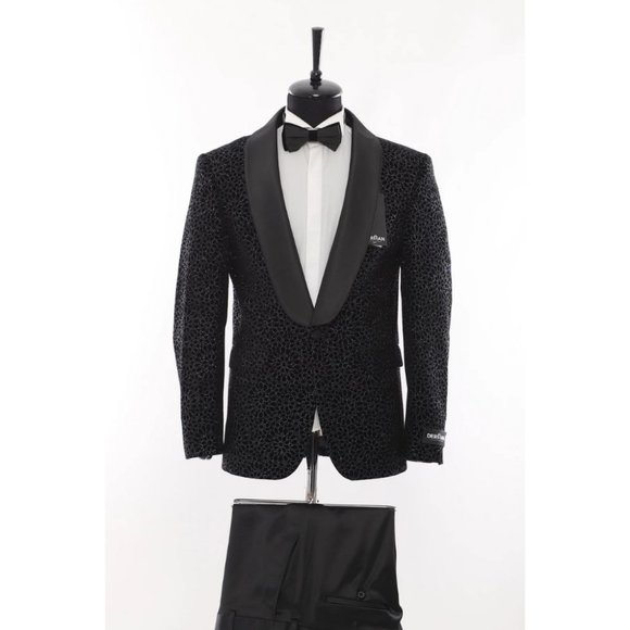 Derman Black Floral Patterned Glitter Luxury 2 Piece Tuxedo - Picture 1 of 5